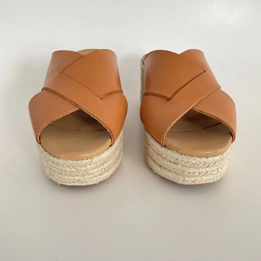 Soludos Leather Platform Cross Strap Open-toe Espadrilles Tan 9